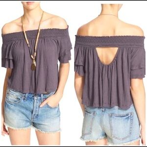 Free People Santorini Off Shoulder Boho Hippie Top Ruffle Sleeve Vacation